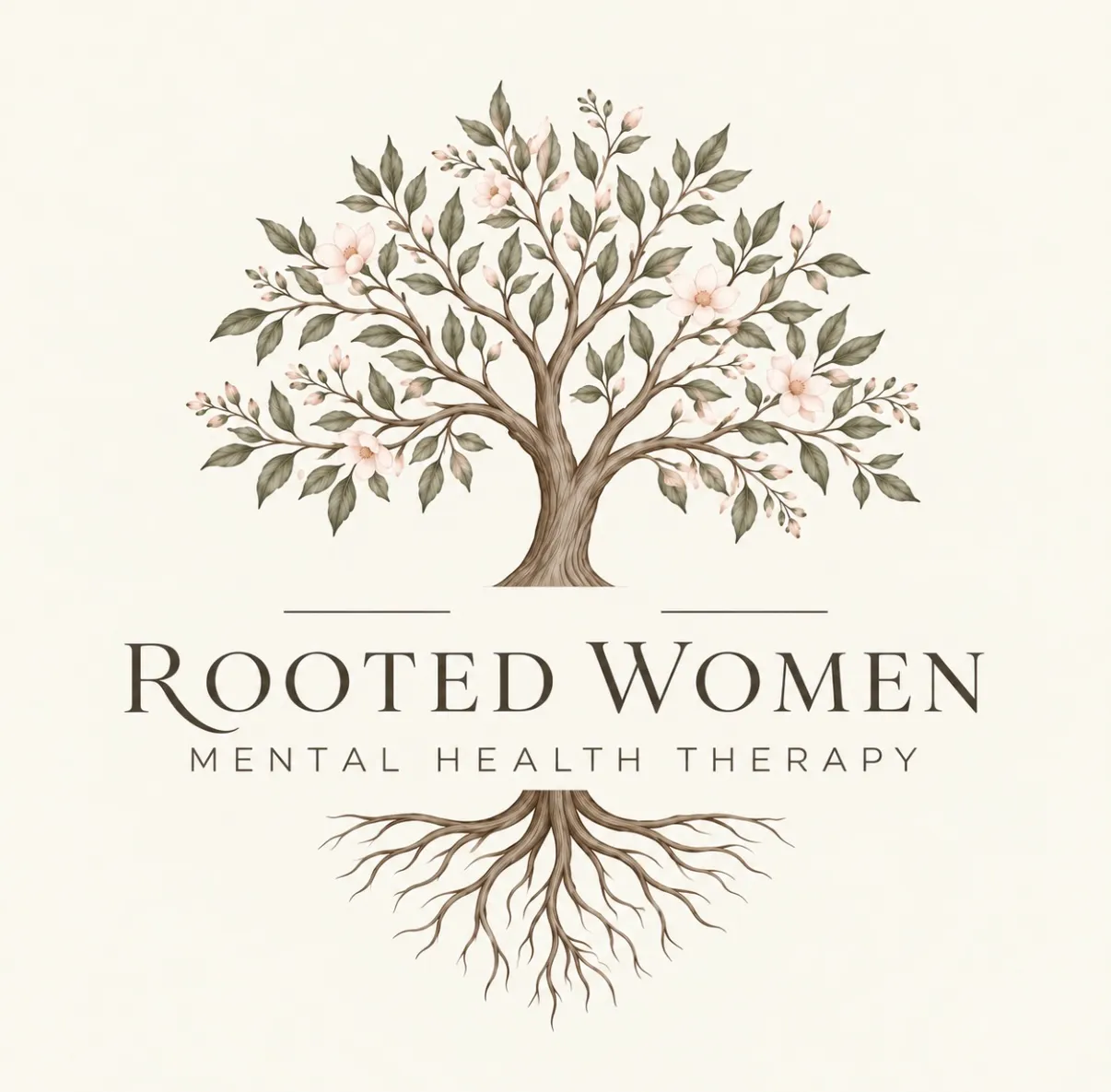Rooted Women Mental Health Therapy logo: a blossoming tree with deep roots